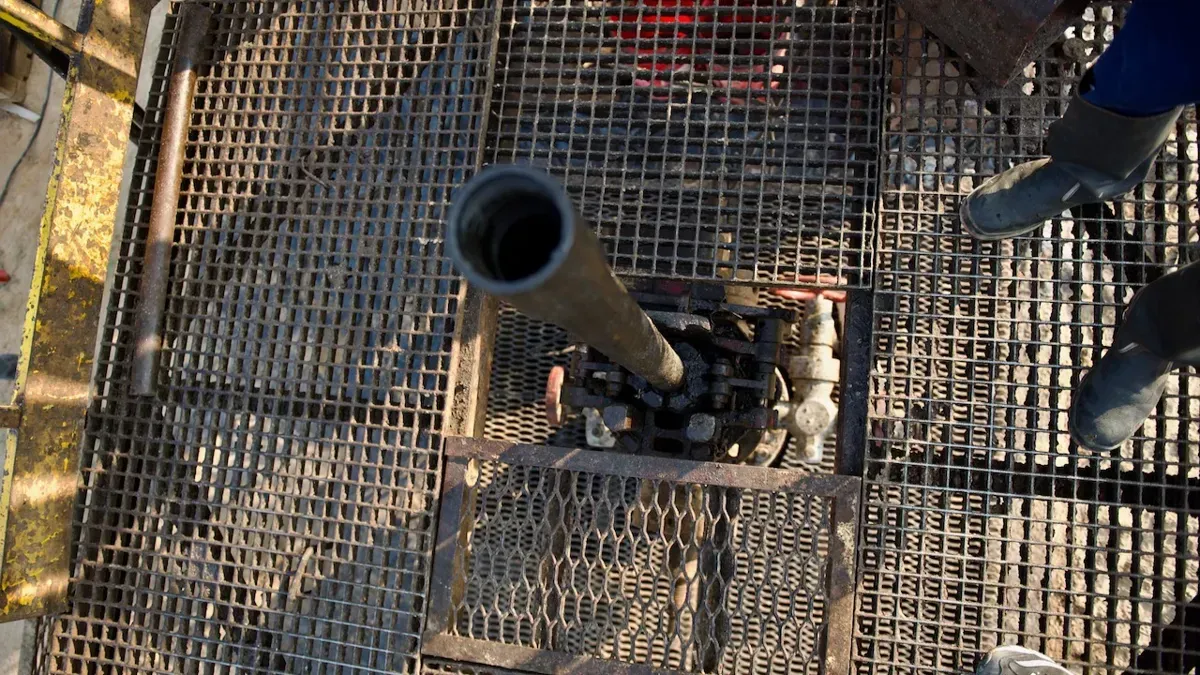 Металлическая площадка и буровая труба на месторождении Айранколь, каспий нефть, скважина, буровая установка, добыча нефти, техника, айранколь