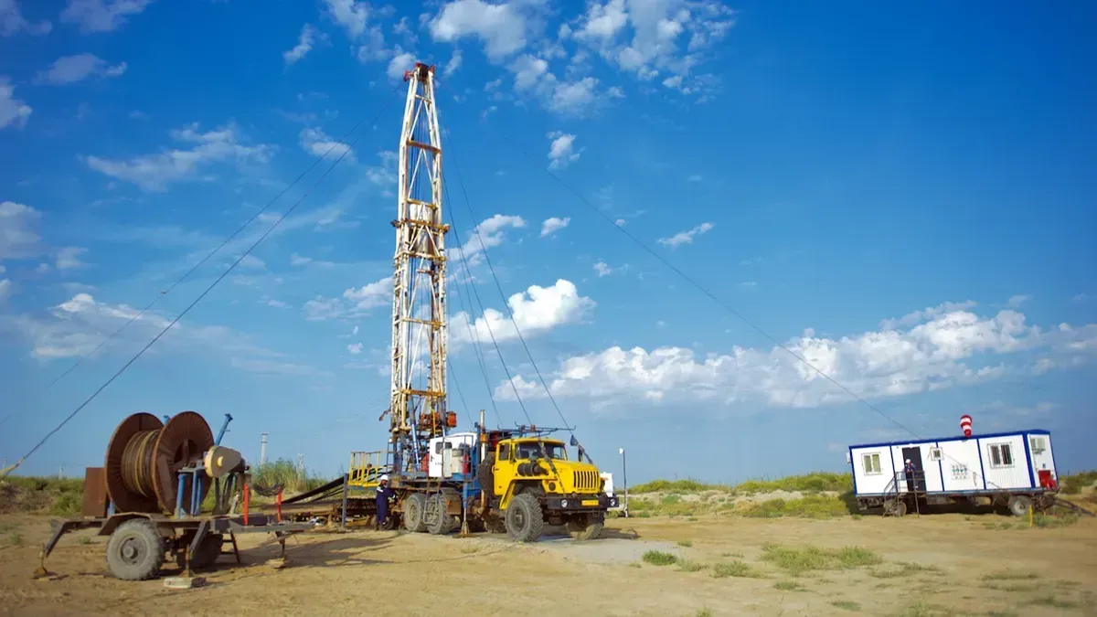 Буровая установка Каспий Нефть на фоне голубого неба, каспий нефть, буровая, айранколь, добыча нефти, нефтяная промышленность, казахстан