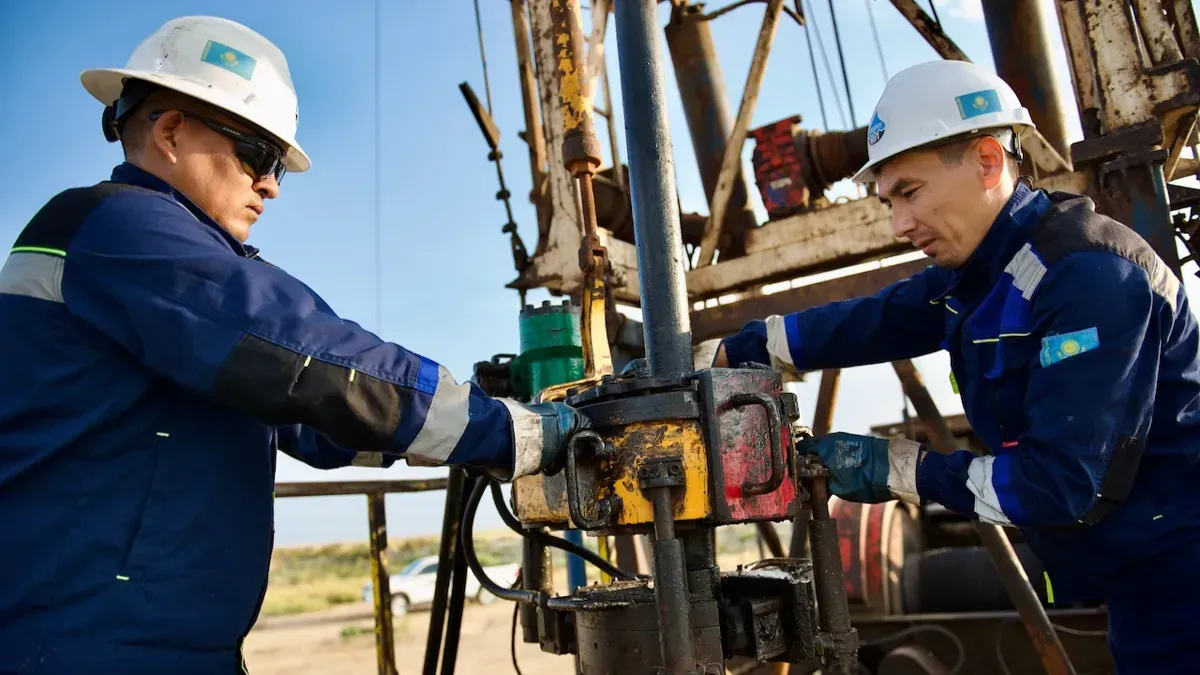 Двое нефтяников Каспий Нефть на буровой установке, каспий нефть, буровая, айранколь, добыча нефти, рабочие