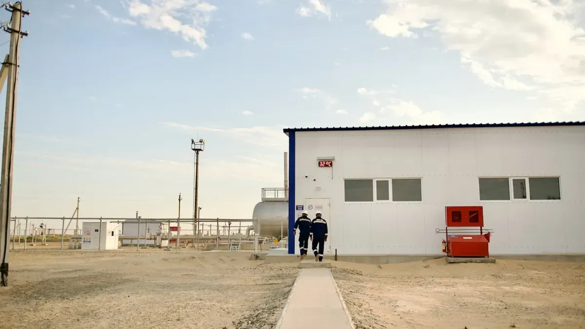 Выход с производственной площадки, Двое работников Каспий Нефть выходят из производственного блока, каспий нефть, айранколь, производственная база, нефтяники, цех