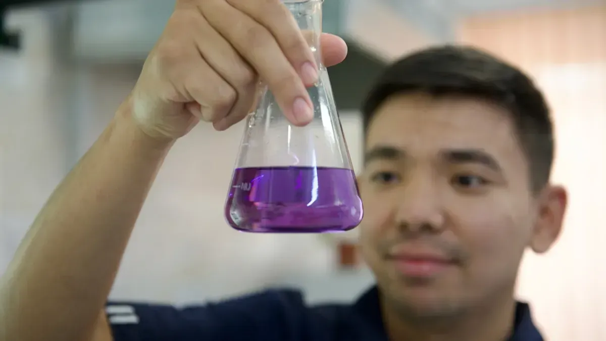 Лаборант проводит химический анализ нефти в лаборатории Каспий Нефть, каспий нефть, лаборатория, анализ нефти, химик, нефтяная промышленность, айранколь, нефтяники казахстана